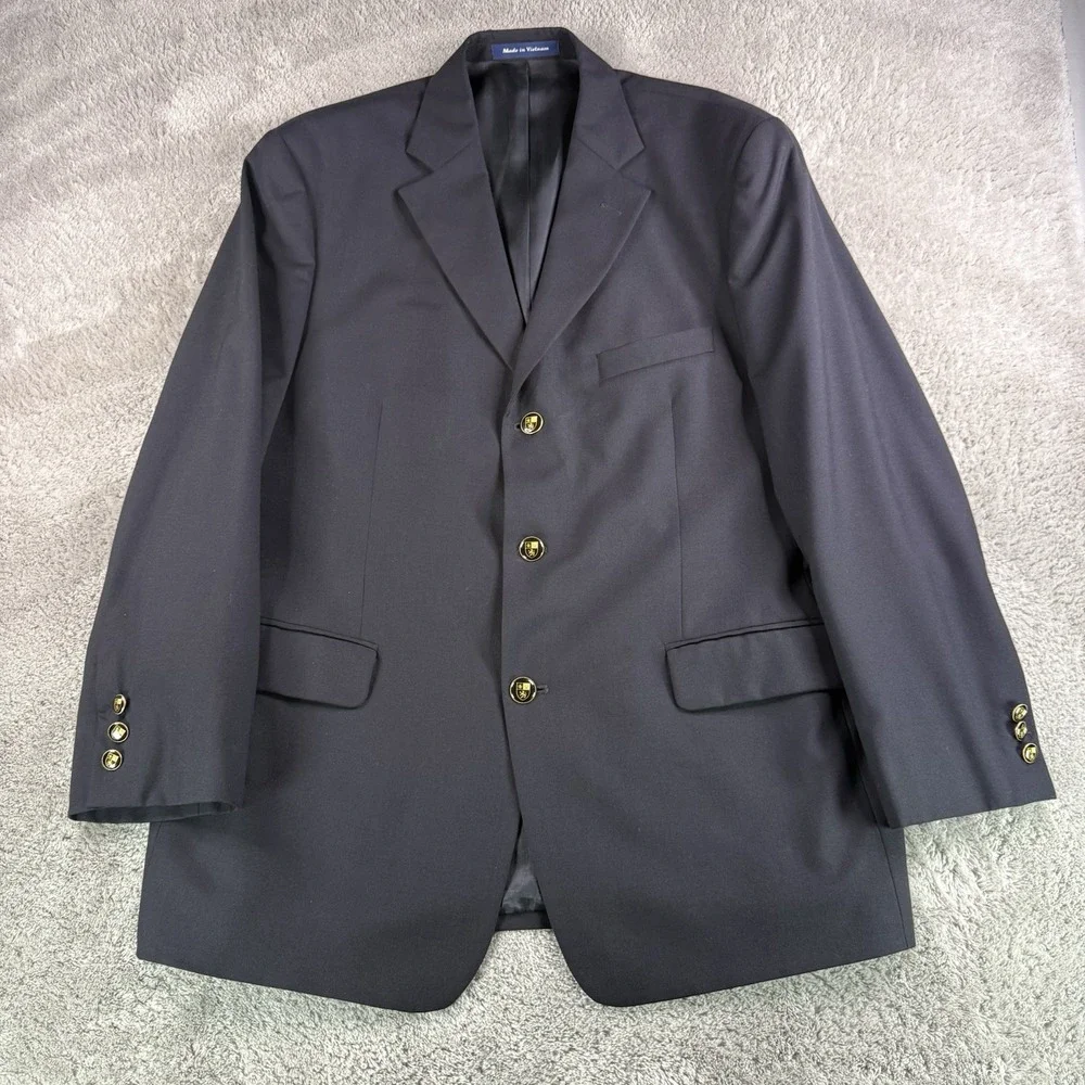 Alan Flusser Super 100s Mens Vtg 42R Navy Wool Blazer Sport Coat Crest Buttons